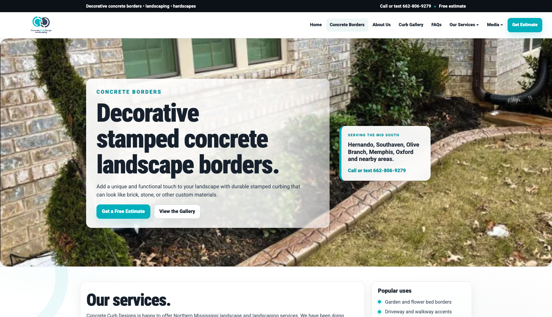Live concrete border services page of Concrete Curb Design and Landscape